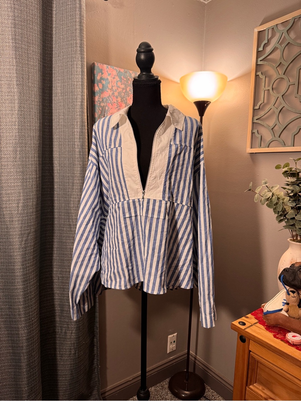 ChicSoul Blue & White Striped Long Sleeve Popover Top